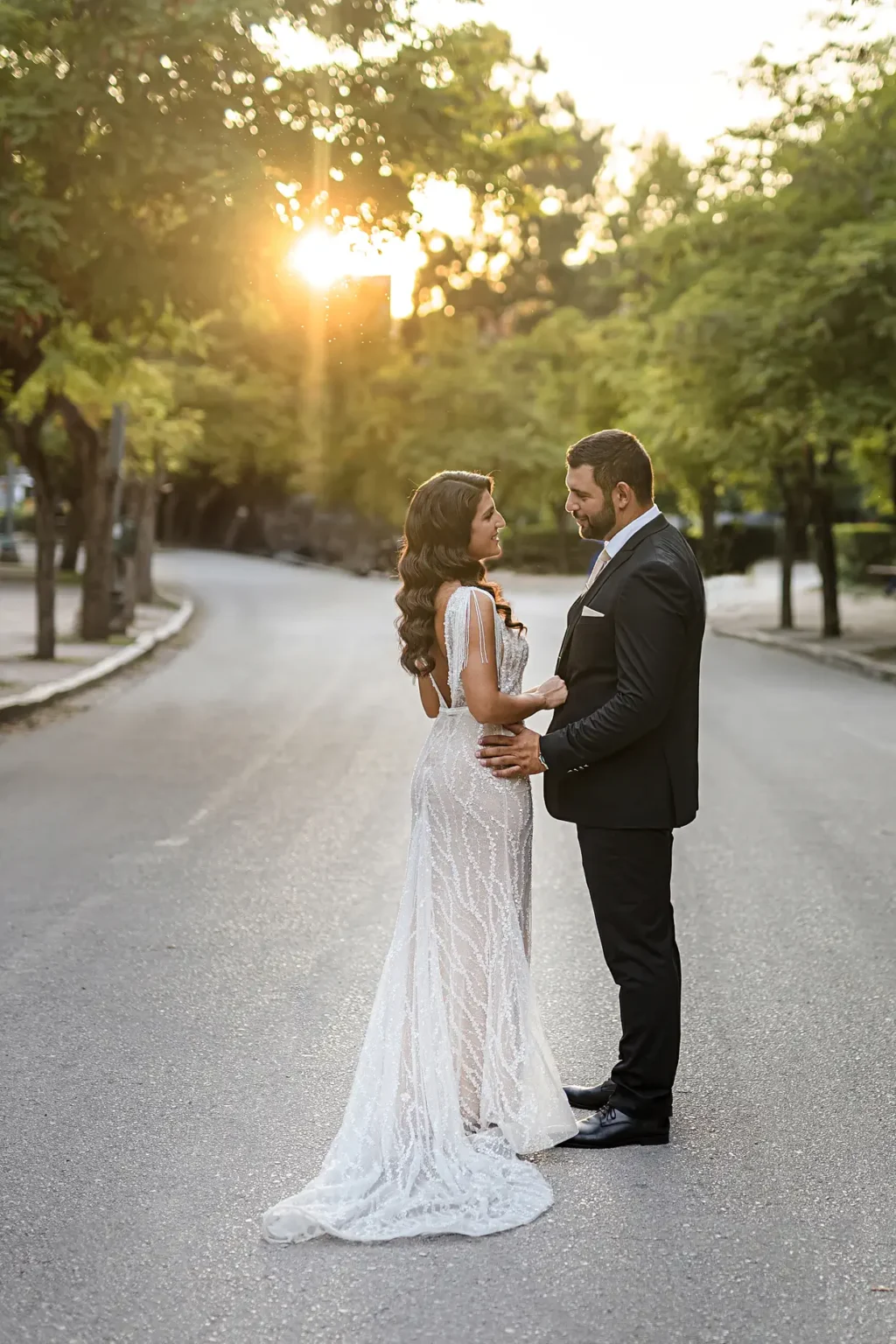 a man and woman standing on a street